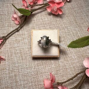 Size 6 | Silver Boho Gemstone Ring – Large Oval Phantom Quartz, Chunky Statement